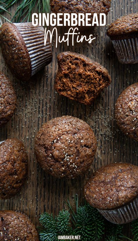 Several gingerbread muffins are on a wooden surface, and one near the middle is split in half. There are also small pieces of evergreen branches near them. Flat Bread Recipe Ideas, Bread Recipe Ideas, Desert Bread, Gingerbread Muffins Recipe, Spiced Muffins, Flat Bread Recipe, Christmas Muffins, Quiche Muffins, Gingerbread Muffins