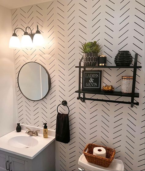 Master Bath Wallpaper Accent Wall, Half Bath Wallpaper Accent Wall, Black And White Half Bathroom, Half Baths Ideas, Guess Bathroom, Half Bath Wallpaper, Playroom Bathroom, Bedroom Ideas Dark, Small Bathroom Wallpaper