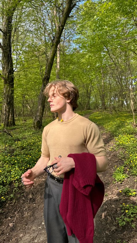 Spring, men, forest Artist Boy Aesthetic, Nature Boy Aesthetic, Cottagecore Male Outfits, Cottagecore Male, Cottagecore Men, Aesthetic Outfits For Men, Dark Street Style, Academia Boyfriend, Soft Boy Aesthetic Outfits