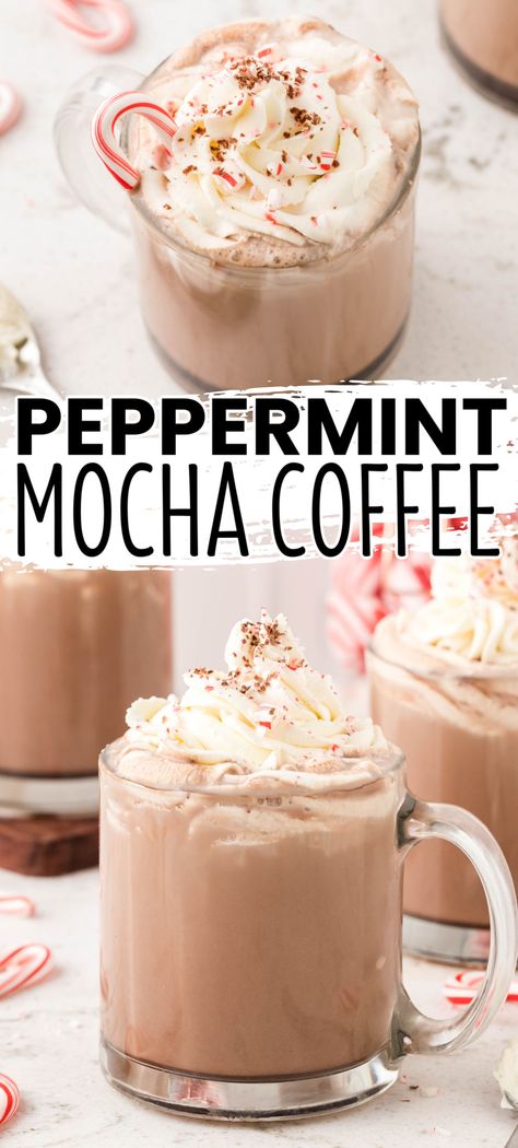 Whip up a tasty and easy-to-make Peppermint Mocha at home. Iced or hot, it's the perfect drink when you're craving a chocolate-mint treat! #BreadBoozeBacon #peppermint #mocha #chocolate #coffee #drink #hotdrink #starbucks #winter #christmas #newyears Iced Peppermint Mocha Recipe, Hot Coffee Recipes At Home, Peppermint Coffee Recipe, Starbucks Peppermint Mocha Recipe, Mint Mocha Coffee, Mocha At Home, Peppermint Mocha Coffee, Mocha Coffee Recipe, Mocha Latte Recipe