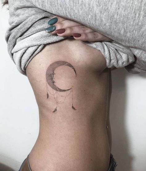 Moon tattoo on the right ribcage. Ribcage Moon Tattoo, Crescent Moon Rib Tattoo, Moon Tattoo Ribcage, Moon Stomach Tattoo, Moon Rib Tattoo, Astronomy Tattoos, Astronomy Tattoo, Luna Tattoo, Ribcage Tattoo