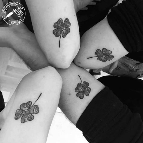 Clover Matching Family Tattoo Finger Print Tattoo Ideas Family Trees, Family Bond Tattoo Ideas, Four Leaf Clover Fingerprint Tattoo, Mother Of Three Tattoo, Family Of 4 Tattoo Ideas, Finger Print Tattoo Ideas, Thumb Print Tattoo Ideas, Three Tattoo Ideas, Family Tattoo Ideas Matching