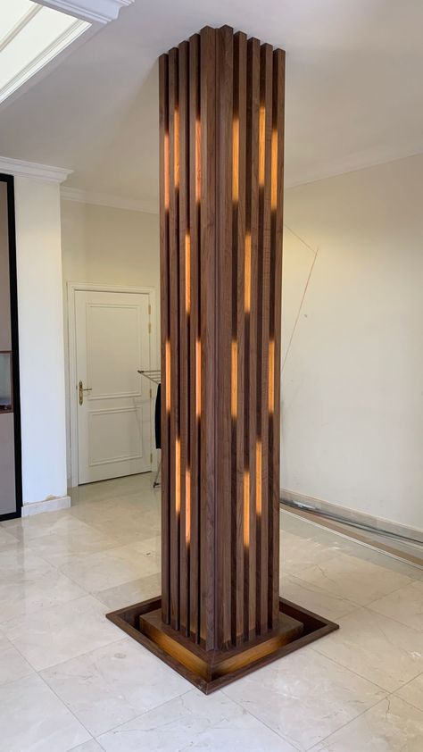 Unique Home Decor & Woodwork, wooden Wall Cladding with Strip Lights, Decor Work, Panel Cladding 0561163179 Structural Column Design, Column Design Modern, Interior Column Design, Column Design Interior, Columns Design, Wooden Wall Cladding, Column Cladding, Wooden Columns, Cladding Design