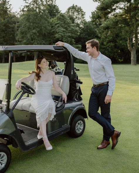 One of Rebecca and Ben’s favourite things to do together is play golf, so it was only suitable that we incorporated it into their engagement session! And at the golf course that both her grandfather and now her father have been members at 🫶🏼 Hair and makeup by the loveliest @taylorswitzermakeup Buggy Photoshoot, Golf Prewedding, Golf Course Engagement Photos, Golf Course Engagement Photoshoot, Engagement Shoot Golf Course, Golf Engagement Photos, Golf Cart Wedding Photos, Things To Do Together, Golf Course Wedding Photos