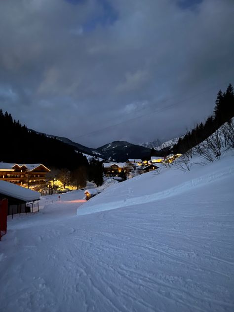 Ski Village Aesthetic, Green Valley Aesthetic, Austria Mountains Winter, Snow Village Aesthetic, Austria Skiing Aesthetic, Austria Aesthetic Winter, Village Cottagecore, Nightlight Aesthetic, Austria Snow