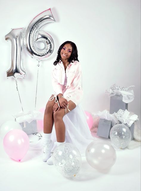 pink and silver birthday shoot. Birthday Photoshoot Teenage Black, 15 Photoshoot Ideas Casual, Birthday Photoshoot Props, 16 Birthday Photoshoot, Sweet 16 Photoshoot, 16 Photoshoot, Sweet 16 Pictures, Princess Photo Shoot, 18th Birthday Outfit