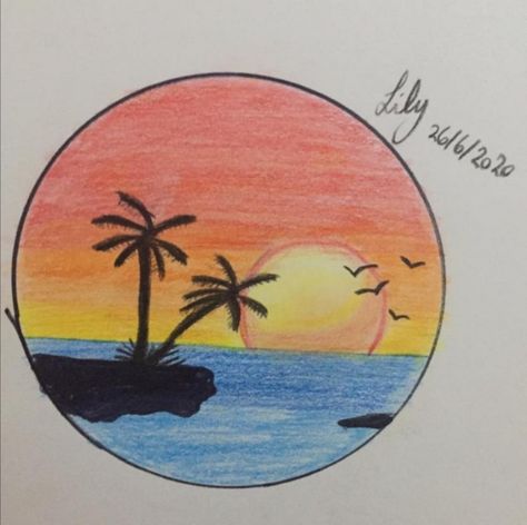 Sunrise Simple Drawing, Drawing Sunset Pencil, Sunset Drawing Easy Pencil, How To Draw A Sunset, Simple Drawing Ideas Colourful, How To Draw Sunset, Sunrise Drawing Simple, Ocean Sunset Drawing, Sun Set Drawing