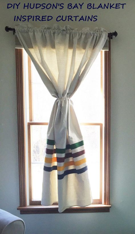 DIY Hudson’s Bay Blanket Inspired Drop Cloth Curtains – Cables and Caffeine Hudson Bay Decor, Bay Curtains, Pnw Style, Jenny Lake, Hudson Bay Blanket, Vintage Blankets, Modern Americana, Cloth Curtains, Brown Curtains