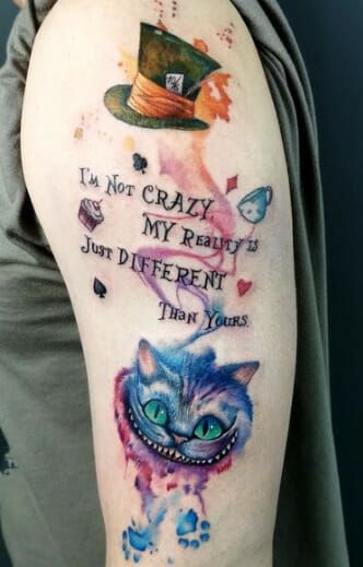 Cheshire Cat Quotes Wonderland's Alice Tattoo Alison In Wonderland Tattoo, Madd Hatter Tattoos, Alice In Wonderland Tattoo Cheshire Cat, We Are All Mad Here Tattoo, Mad Hatter Tattoo Ideas, Alice In Wonderland Tattoo Sleeve, Alice In Wonderland Tattoos, Mad Hatter Tattoo, Cheshire Cat Quotes