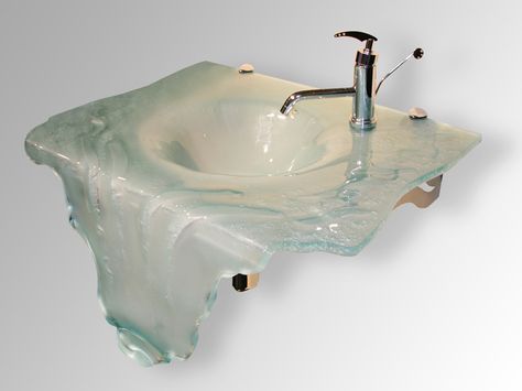 WALL MOUNT GLASS SINK - "WATERFALL"(30") - CBD Glass Kitchen Design Program, Unusual Bathrooms, Glass Waterfall, Bathroom Sink Design, Glass Basin, Wall Mount Sinks, Wall Mount Sink, Modern Bathroom Sink, Waterfall Wall