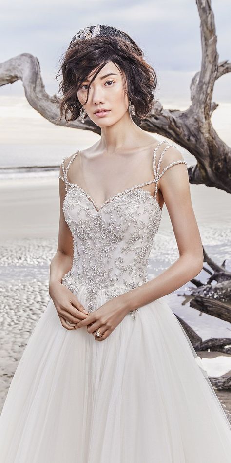 #Ad Sottero and Midgley DUSTY wedding dress. This romantic princess wedding dress features a glamorous bodice of beaded embroidery and Swarovski crystals atop a romantic tulle ballgown skirt. From the ""ARIYA"" bridal collection. Details at @maggiesottero // #MidgleyBride #SotteroandMidgley #MaggieSotteroDesigns #WeddingDress #WeddingGown #Bridal #Wedding #WeddingDresses #BallGown #Princess #Romantic #CapSleeves #Sweetheart #WeddingGowns #WeddingInspiration #BridalGown Dramatic Outfits, Wedding Ballgown, Sottero And Midgley Wedding Dresses, Organza Bridal, Sottero And Midgley, Wedding Dress Gallery, Dress Straps, Amazing Dresses, Ball Gown Skirt