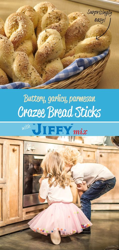 Make restaurant style Crazee Bread Sticks at home. They’re easy when you start with “JIFFY” Pizza Crust Mix. Pizza Crust Mix Ideas, Bisquick Breadsticks Recipes, Pizza Crust Mix Recipes, Jiffy Pie Crust Mix Recipes, Jiffy Pizza Crust Mix Recipes, Pizza Hut Breadsticks Recipe, Pizza Crust Breadsticks, Miracle Dough Garlic Bread Sticks, Jiffy Mix Recipes