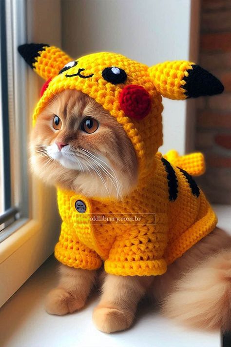 A detailed guide on how to dress your cat in a Pikachu costume, including a personalized crochet recipe. Cat Costume Crochet, Pikachu Cat, Pikachu Costume, Cat Dressed Up, Crochet Pokemon, Cat Dresses, Dog Costume, Cat Hat, Cat Costumes