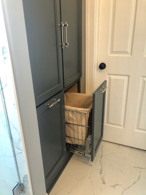 Bathroom Linen Closet With Hamper, Under Cabinet Laundry Hamper, Laundry Hamper Cabinet Bathroom Storage, Bathroom Storage Closet Built Ins, Linen In Bathroom, Diy Built In Laundry Hamper, Bathroom Hamper Cabinet, Master Bath Storage Ideas Built Ins, Laundry Room Hamper Cabinets