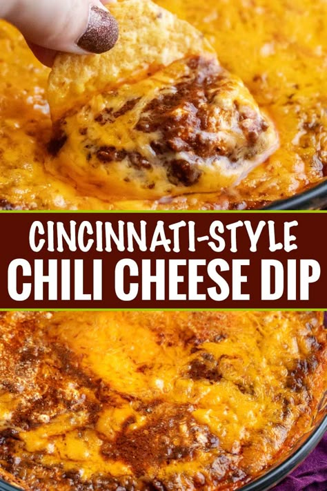 This 3 ingredient chili cheese dip (also known here in the Midwest as Skyline Dip), is always the perfect game day or party appetizer! #dip #chili #cheese #chilicheese #skyline #appetizer #gameday #partyfood #easyrecipe Scream Party, Bowl Desserts, Cincinnati Style Chili, Superbowl Food Appetizers, Chili Cheese Dip, Superbowl Desserts, Cincinnati Chili, Chili Cheese Dips, Chili Dip