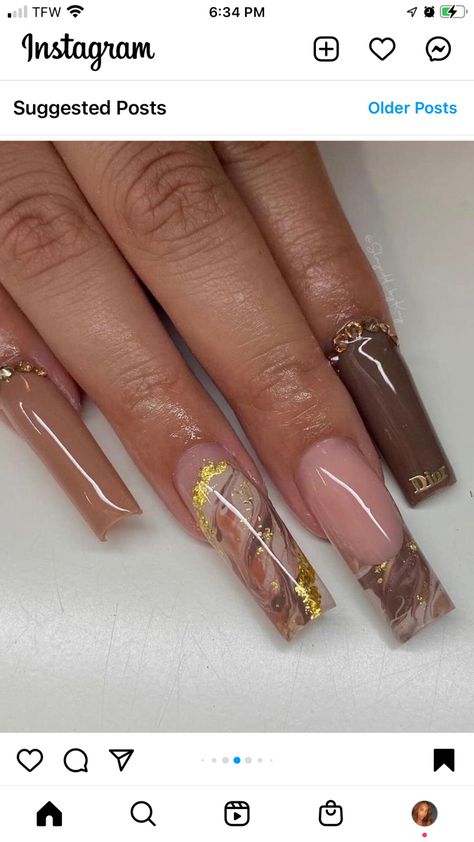 Brown Marble Nails, Brown And White Marble, White Marble Nails, Gold Foil Nails, Fly Nails, Fall Gel Nails, Brown Marble, Marble And Gold, Foil Nails