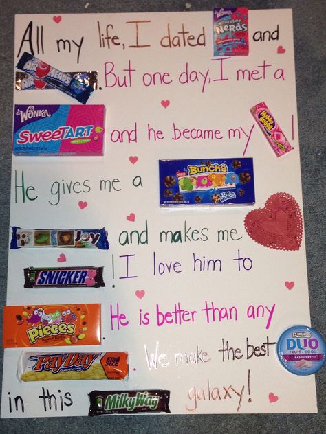 DIY Valentine's day gift for my man! With candy he will actually eat lol. Hot glue gun the candy to dollar store thick foam poster board! Cover up unwanted words/letters on candy with cute stickers! Candy Letter For Boyfriend, Cute Valentines Poster Ideas, Candy Poster Board For Boyfriend, Valentines Day Poster Board Ideas, Valintens Ideas, Cute Valentines Day Gifts For Boyfriend, Gifts For Boyfriend Long Distance, Diy Valentine Gifts For Boyfriend, Candy Letters