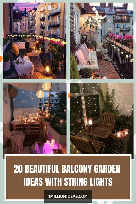 20 Beautiful Balcony Garden Ideas With String Lights Small Balcony Lighting Ideas, Balcony Lights String Ideas, Balcony Fairy Lights, Apartment Patio Lights, Balcony String Lights, Balcony Lighting Ideas, Balcony Lights, Plant Apartment, Balcony Garden Ideas