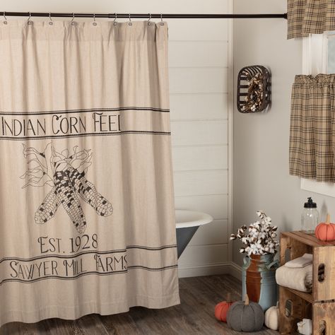 Fashion your bath with a touch of quality, farmhouse style. The Sawyer Mill Charcoal Corn Feed Shower Curtain adds unique rustic flair to your bath area featuring corn feed and Sawyer Mill Farms wording in a distressed appearance. The neutral, tan chambray background gives you the creative freedom to decorate your country style bathroom the way you want. #farmhousedecor #countrydecor Country Style Bathroom, Fall Shower Curtain, Country Style Bathrooms, Farmhouse Shower Curtain, Farmhouse Shower, Vhc Brands, Cotton Shower Curtain, Farmhouse Curtains, Shower Hooks