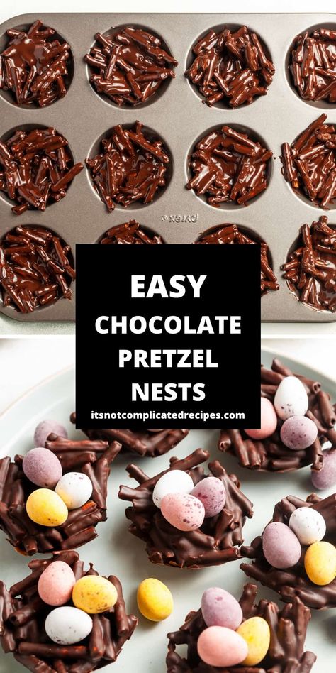 Chocolate Pretzel Easter Nests, Pretzel Bird Nest, Easter Dessert Chocolate, Easter Bunny Pretzels, Easter Desserts Pretzel, Chocolate Nests Easter, Nesting Party Ideas, Easter Chocolate Nests, Edible Nest