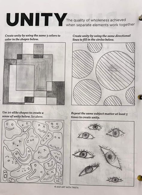 Principles Of Design Projects Ideas, Interior Design Worksheet, Unity Principle Of Art, Unity Design Principle, Unity Design Principle Art, Principle Of Design Harmony Drawing, Line Drawing Lesson High School, Elements And Principles Of Art Examples, Elements And Principles Of Art Projects High School