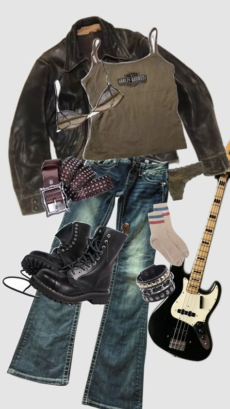 #personalstyle #grunge #aesthetic #rockstar #leatherjacket Rock N Roll Clothes, Rockstar 90s Outfit, 80s Rock And Roll Fashion, 70s Band Outfits, Rock Angelz Outfits, Rockstar Boyfriend Outfit, Heavy Metal Aesthetic Outfits, Female Greaser, Divorced Dad Rock Aesthetic