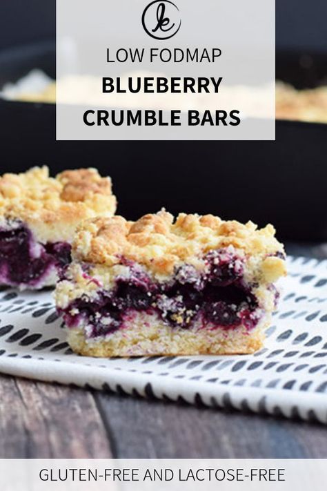 Low FODMAP blueberry crumble bars. Delicious crumble bars with a fillling of blueberries. I bet you that these won't last long! The crumble bars are also gluten-free and lactose-free. #FODMAP #glutenfree #lactosefree #crumble #crumblebars Low Fodmap Dessert, Fodmap Baking, Low Fodmap Desserts, Low Fodmap Breakfast, Fodmap Desserts, Low Fodmap Recipes Dinner, Fodmap Recipes Dinner, Fodmap Breakfast, Fodmap Meal Plan