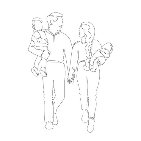 Family Of Four Drawing, Family Illustration Art Drawings, Family Of 4 Drawing, Cute Family Drawing, Family Pencil Drawing, Family Line Drawing Simple, One Line Drawing Family Of 4, Line Art Drawings Family Of 4, Family Outline