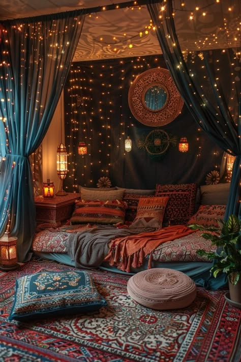 29 Boho Bedroom with Curtain Lights Ideas for a Dreamy Ambiance 4 Hanging Fabric From Ceiling Bedroom, Arabic Room Decor Ideas, Curtain Lights Ideas, Cozy Corner Bedroom, Romantic Boho Bedroom, Tuscan Bedroom, Window Seat Ideas, Whimsical Bedroom, Dark Boho