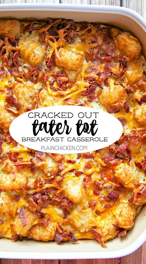 Cracked Out Tater Tot Breakfast Casserole - great make ahead recipe! Only 6 ingredients!! Bacon, cheddar cheese, tater tots, eggs, milk, Ranch mix. Can refrigerate or freeze for later. Great for breakfast. lunch or dinner. Everyone loves this easy breakfast casserole!! Cheese Tater Tots, Tot Breakfast Casserole, Cracked Out, Tater Tot Breakfast Casserole, Breakfast Casserole Recipe, Best Breakfast Casserole, Tater Tot Breakfast, Ranch Mix, Queso Cheddar