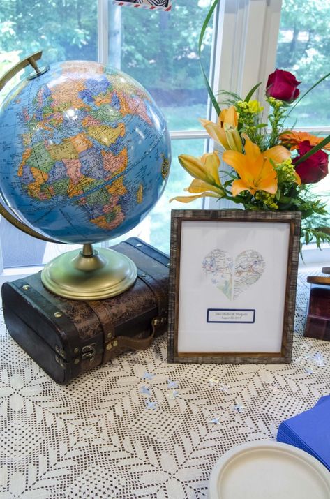 Map Themed Decor with your Silhouette - unOriginal Mom Missions Conference, Travel Theme Bridal Shower, Travel Bridal Showers, Map Heart, Mom Travel, Heart Map, Travel Theme, Halloween Doll, Themed Decor