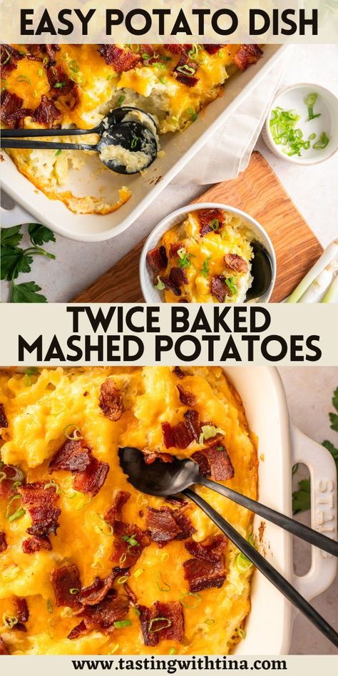 These twice baked mashed potatoes take the classic mashed potatoes to the next level! This will be a well loved side dish that can complement a wide range of main courses. It is perfect for family gatherings, dinner parties and is a great addition to your holiday table. Corn Mashed Potatoes, Potluck Healthy, Twice Baked Mashed Potatoes, Vegetable Casseroles, Loaded Mashed Potato Casserole, Irish Dinner, Make Ahead Mashed Potatoes, Potatoes Casserole, Baked Mashed Potatoes