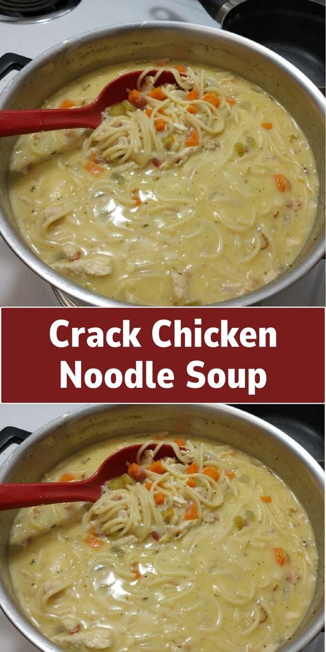 A creamy and addictive chicken noodle soup, packed with flavors of chicken, cheese, bacon, and ranch seasoning. It's a comforting and hearty meal for any day. Chicken Potato Noodle Soup, Cracker Barrel Chicken Noodle Soup, Cracked Chicken Noodle Soup, Rotisserie Chicken Soups, How To Make Chicken Noodle Soup, Cracked Chicken Soup, Chicken Bacon Ranch Soup, Reames Noodle Recipes, Campbells Chicken Noodle Soup