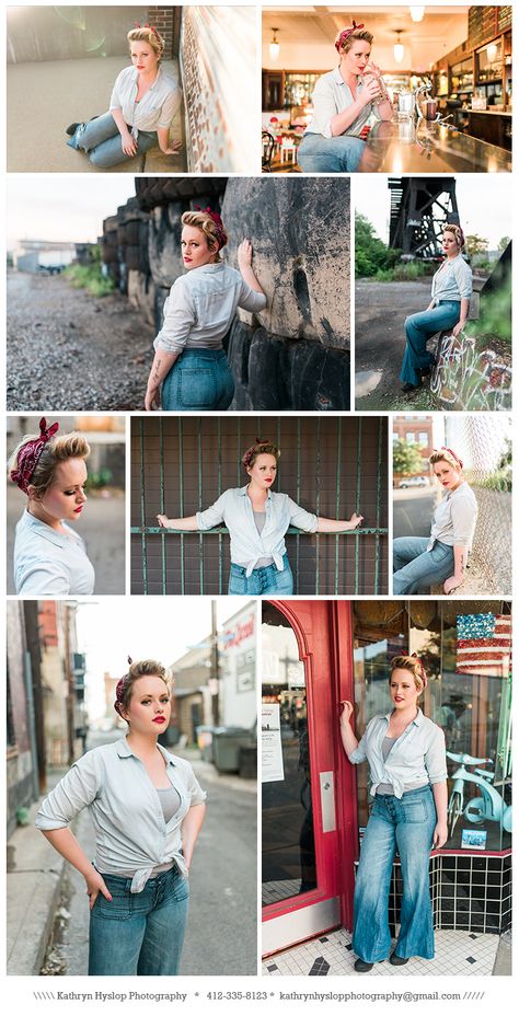 Rosie the Riveter inspired photoshoot.  Awesome vintage style.   ------- #vintage #style #photoshoot #inspiration #pinup #fashion #whattowear #makeup #urban ----- See more at kathrynhyslopphotography.com Rosie The Riveter Photoshoot, 50s Photoshoot Ideas, 1940s Photoshoot, 40s Photoshoot, Photoshoot Makeup Ideas, Scrapbook Portfolio, Vintage Style Dresses Casual, Vintage Style Photoshoot, Vintage Inspired Photoshoot