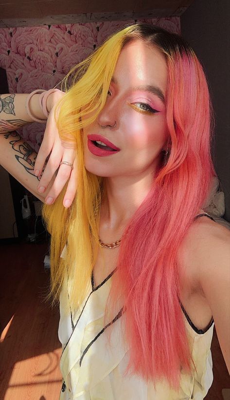 Bright and Bold: Easy Yellow Hair Ideas for Newbies Yellow And Peach Hair, Orange And Yellow Split Dye, Yellow Split Dye Hair, Half Yellow Half Pink Hair, Pink And Yellow Split Dye, Two Tone Split Hair Color Ideas, Split Dye Pink, Yellow Hair Ideas, Pink Split Dye