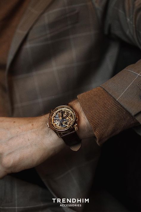 Man watch in industrial style Dark Academia Watch, Luxury Timeless Brown Watch, Elegant Brown Watches With Skeleton Dial, Elegant Brown Watch With Skeleton Dial, Dark Academia Jewelry Watches, Masculine Brown Watch Accessories With Subdials, Dark Academia Accessories, Tone Highlights, Dark Acadamia