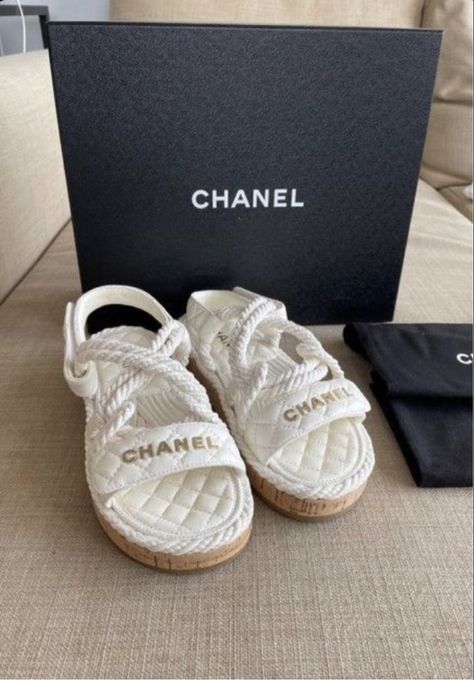 Aesthetic Footwear, Chanel Shoes Sandals, Sandals Aesthetic, Sandals Outfit Summer, Rope Sandals, Chanel White, Trendy Shoes Sneakers, Expensive Shoes, Footwear For Women