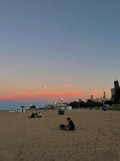 Chicago Sunset Aesthetic, Oak Street Beach Chicago, Sunset Chicago, Beach Chicago, Chicago Beach Aesthetic, Chicago Sunset, Chicago Summer Aesthetic, Chicago Lake, Chicago Beach