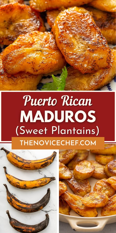 These easy Maduros (Sweet Plantains) are a staple Puerto Rican side dish. They're perfectly sweet, caramelized along the outside and deliciously warm on the inside! Mexican Plantain Recipes, Puerto Rican Plantains, Puerto Rican Brunch Ideas, Dinner Ideas Puerto Rican, Porto Rican Food, Plantains Recipes Sweet, Sweet Plantains Recipes, Yucca Recipe Puerto Rican, Puerto Rican Salad Recipes