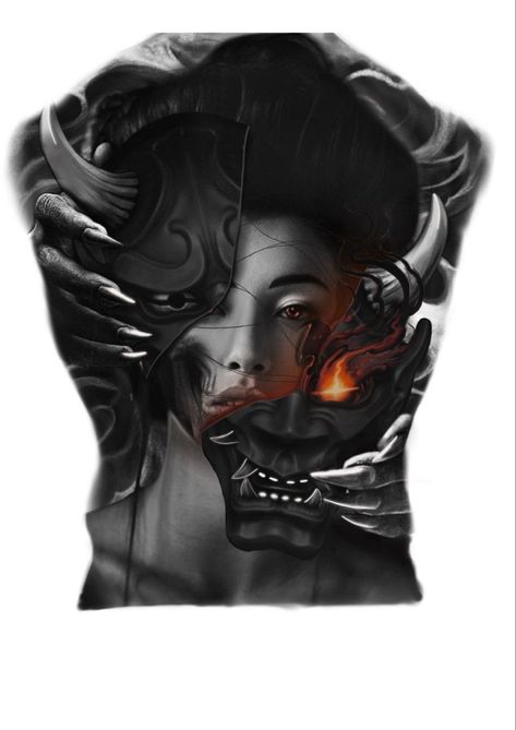 Oni Mask Full Back Tattoo, Geisha Oni Mask Tattoo, Full Back Tattoos Design, Design Tattoo Black And Grey, Split Oni Mask Tattoo, Japanese Tattoo Designs Oni Mask, Oni Mask Back Tattoo, Geisha Skull Tattoo, Oni Back Tattoo