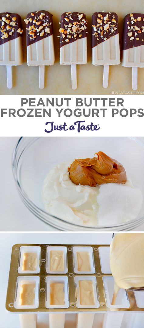 Peanut Butter Frozen Yogurt Pops recipe from justataste.com #peanutbutter #protein @justataste Goat Trailer, Liquor Popsicles, Cereal Popsicles, Popsicles Diy, Popsicle Molds Diy, Frozen Yogurt Pops, Chocolate Popsicles, Popsicles Recipe, Peanut Butter Yogurt