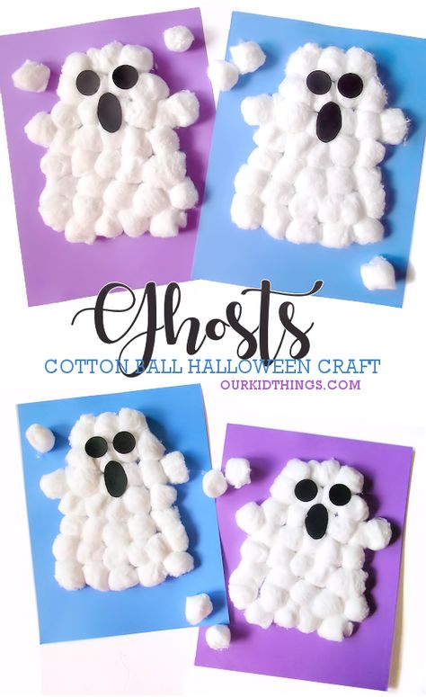 Cotton Ball Ghost Craft Easy October Crafts For Kids, Ghost Arts And Crafts, Cottonball Ghost Craft, Puffy Ghost Craft, Halloween Crafts For First Graders, Halloween Pom Pom Crafts, Cotton Ball Ghost Craft, Yarn Ghost Craft, Halloween Ghost Craft Toddlers