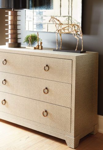 Using Fabric & Grasscloth Wrapped Furniture — Elements of Style Blog Wrapped Furniture, Fabric Covered Furniture, Dresser Grey, My Own Home, Bungalow 5, Villa House, Diy Dresser, Elements Of Style, Wood Beds