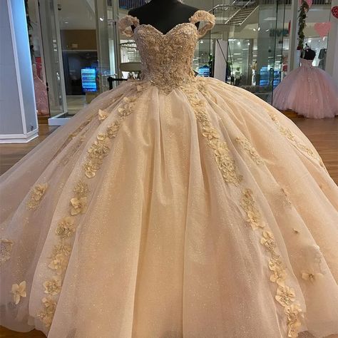 Off Shoulder Champagne Quinceanera Princess Evening Gown With Floral Appliques And 3D Flowers Sleeveless Sweet 15 Party Wear From Zaomeng321, $267.22 | DHgate.Com Champagne Quinceanera Dress, Pink Princess Dresses, Champagne Quinceanera, Xv Dresses, Champagne Quinceanera Dresses, Quinceñera Dresses, Pretty Quinceanera Dresses, Elegant Dresses Classy, Wedding Store