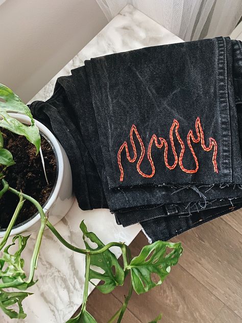 Embroidered Flames, Fire Embroidery, Flame Pants, Flame Embroidery, Thunder Design, Stylo Art, Denim Jacket Embroidery, Demin Jeans, Embroidery Pants