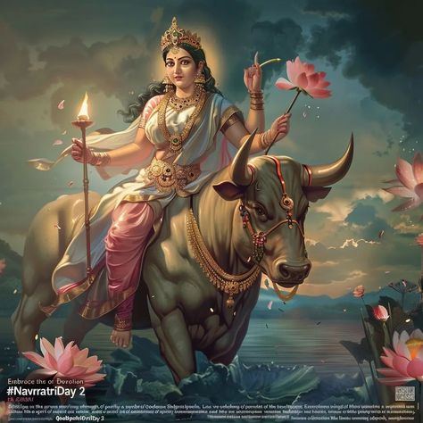 🌼✨ Step Into the Divine Calm: Celebrate Navratri Day 2 with Goddess Shailputri ✨🌼 April 10th, 2024, marks the day we embrace the tranquil strength of Goddess Shailputri, the embodiment of Mother Earth's unwavering serenity and nurturing might. 🌱🕊️ In today's hustle, finding stillness can be a challenge. Goddess Shailputri's grounding energy reminds us of the quiet power within us all. 🌄 📸 Gaze upon the serene depiction of Shailputri. Let her image be your sanctuary of peace in the everyday... Goddess Shailputri, Short And Sweet Quotes, Lord Mahadev, Grounding Energy, Happy Navratri, Divine Light, Durga Goddess, God Illustrations, Ancient Wisdom