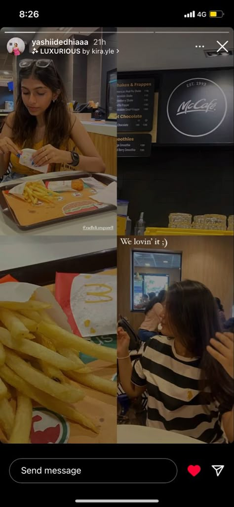 McDonald’s instagram story idea going out with friend layout of four pictures inspo Mcdonald’s Instagram Story, Mcdonalds Aesthetic Caption, Food Date Captions Instagram, Date Stories Instagram, Mcdonalds Captions For Instagram, Date With Sister Caption, Fries Captions Instagram, Friends Date Instagram Story, Date With Best Friend Instagram Story