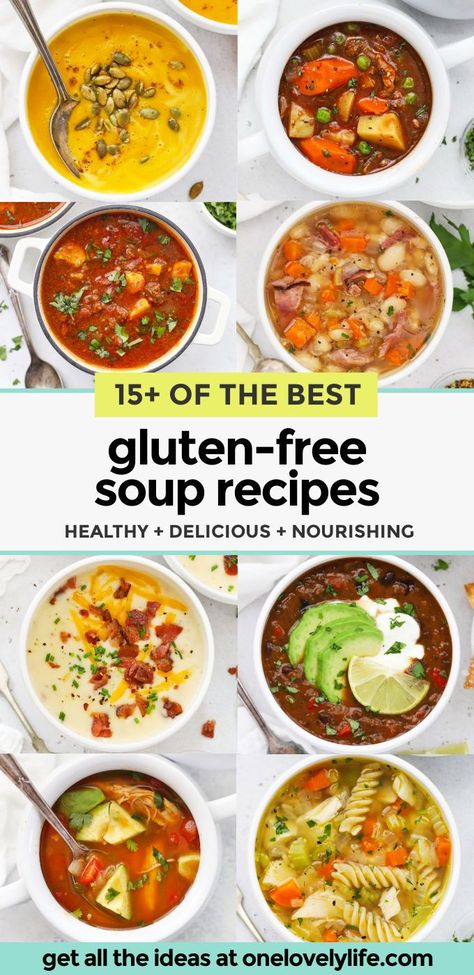 Love a cozy bowl of soup? You're in the right place! We rounded up 15+ of our most popular & best gluten-free soup recipes for your next soup craving! // gluten-free soup to try / healthy gluten-free soup recipes / healthy soup recipes / healthy soups / meal plan ideas / gluten-free meal plan / popular gluten-free soup recipes / the best gluten-free soup recipes Gluten Free Hearty Soups, Gluten Free Vegetable Soup Recipes, Best Gluten Free Soups, Gluten Free Vegetarian Soup Crockpot, Crockpot Gluten Free Soup, Vegetarian Gluten Free Soup Recipes, Vegan Gluten Free Soup Recipes, Gluten Free Vegetable Soup, Gluten Free Stew Recipes