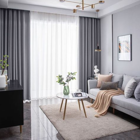 Bay Window Drapes, Nordic Style Living Room, Grey Living Room, Measuring Curtains, Living Room Decor Gray, Layered Curtains, Bay Windows, Curtains Width, Grey Curtains