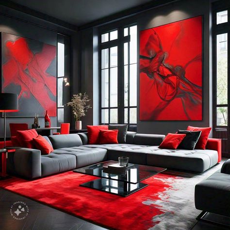 A contemporary living room with a red and grey color scheme strikes a perfect balance between bold and neutral. A large grey sectional sofa with red cushions, red abstract wall art, and a modern glass coffee table will create a stylish and sophisticated space. Red Black And Grey Living Room Ideas, Black And Red Living Room Ideas, Black Red Living Room, Gray And Red Living Room, Red And Black Living Room Ideas, Red And Black Living Room, Red And Gray Bathroom, Grey Living Room Ideas Color Schemes, Black And Red Living Room